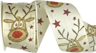 Stuha vánoční RED NOSE RUDI krémová 40mm x 2m (13,-Kč/m)
