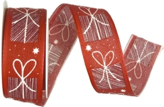 Vánoční látková stuha GIFTS balíčky červené 25mm x 2m (11,-Kč/m)