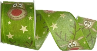 Stuha vánoční RED NOSE RUDI GREEN zelená 40mm x 2m (13,-Kč/m)