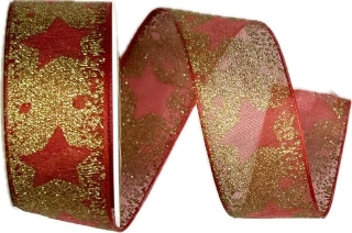 Vánoční stuha organzová GLAMOUR STAR červená 25mm x 2,5m (10,-Kč/m)