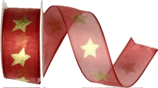 Stuha vánoční organzová GOLD STAR RED červená 25mm x 2m (10,-Kč/m)