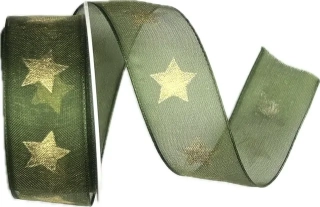 Stuha vánoční organzová GOLD STAR GREEN zelená 25mm x 2m (10,-Kč/m)