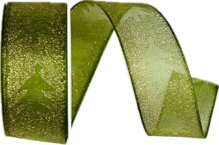 Vánoční stuha organzová GLAMOUR TREES zelená 25mm x 2,5m (10,-Kč/m)