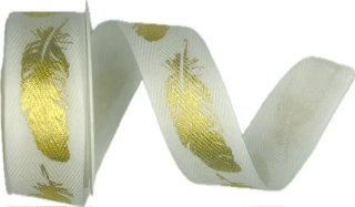 Stuha bavlněná FEATHER GOLD bílá 25mm x 2m (8,-Kč/m)