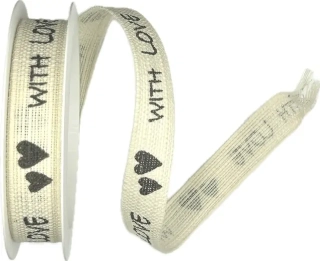 Stuha bavlněná s potiskem WITH LOVE krémová 15mm x 2m (10,-Kč/m)