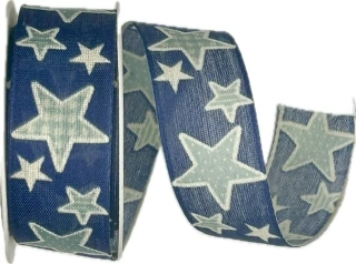 Stuha vánoční bavlněná BLUE STARS modrá 25mm x 2m (8,-Kč/m)