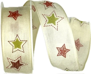 Stuha vánoční bavlněná HAPPY STARS krémová 25mm x 2m (10,-Kč/m)