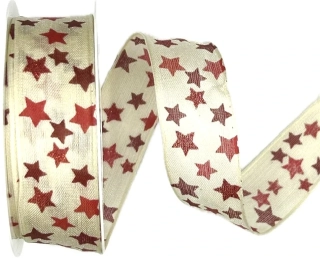 Vánoční stuha bavlněná ČERVENÉ HVĚZDY bílá 25mm x 2m ( 11,- Kč/m)