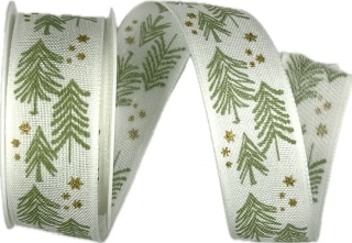 Stuha vánoční X-MAS TREES GREEN bílá 25mm x 3m (9,-Kč/m)