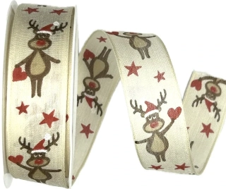Stuha vánoční SOBÍK SE SRDCEM krémová 25mm x 2m (10,-Kč/m)