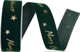 Stuha vánoční sametová VELUTTO MERRY CHRISTMAS GREEN zelená 25mm x 3m (10,-Kč/m)