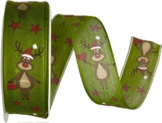 Stuha vánoční SOBÍK SE SRDCEM zelená 25mm x 2m (10,-Kč/m)