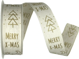 Vánoční stuha bílá MERRY-XMAS zlatý potisk 25mm x 2m (5,- Kč/m)