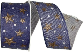 Vánoční bavlněná stuha STAR LIGHT DARK BLUE 40mm x 2m (14,-Kč/m)