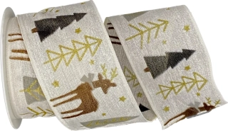 Vánoční bavlněná stuha WINTER FOREST DEER WHITE bílá 40mm x 2m (14,-Kč/m)