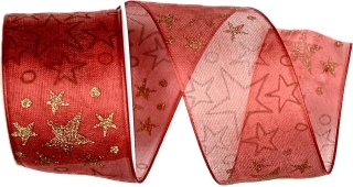 Stuha vánoční organzová SKY STAR RED červená 40mm x 2m (15,-Kč/m)