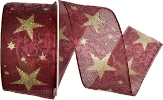 Vánoční stuha organzová ORGANDY GLITTER STAR bordó 40mm x 2m (16,- Kč/m) Premium