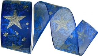 Vánoční stuha organzová ORGANDY GLITTER STAR BLUE modrá 40mm x 2m (16,- Kč/m) Premium