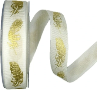 Vánoční stuha bavlněná FEATHER GOLD bílá 25mm x 20m (8,-Kč/m)