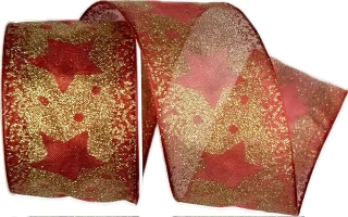 Stuha vánoční GLAMOUR STAR RED červená 40mm x 2m (14,-Kč/m)