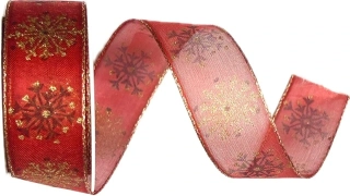 Vánoční stuha organzová GOLD SNOWFLAKES RED 25mm x 2mm (11,-Kč/m)