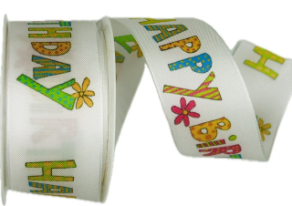 Stuha narozeninová HAPPY BIRTHDAY bílá 40mm x 2m (13,- Kč/m)