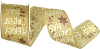 Vánoční stuha látková MERRY CHRISTMAS béžová 40 mm x 2m (7,50Kč/m)