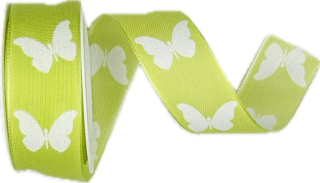 Stuha látková SWEET BUTTERFLY GREEN hráškově  zelená 25mm x 2,5m(8,- Kč/m)