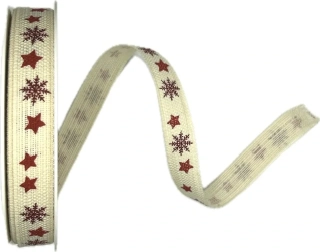 Vánoční stuha lněná STARS AND SNOWFLOKES bílá 15mm x 20m (5,50 Kč/m)