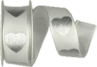 Taftová stuha Silver Hearts White – bílá 25mm x 2m