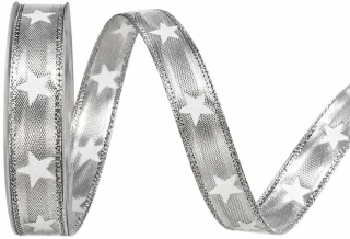 Vánoční stuha WHITE STARS stříbrná lurexová s bílými hvězdami 15mm x 20m